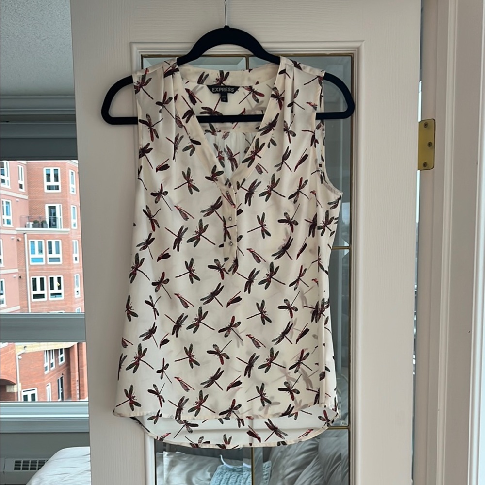 Express Cream and Black dragonfly Sleeveless Blouse with Mandarin Collar
